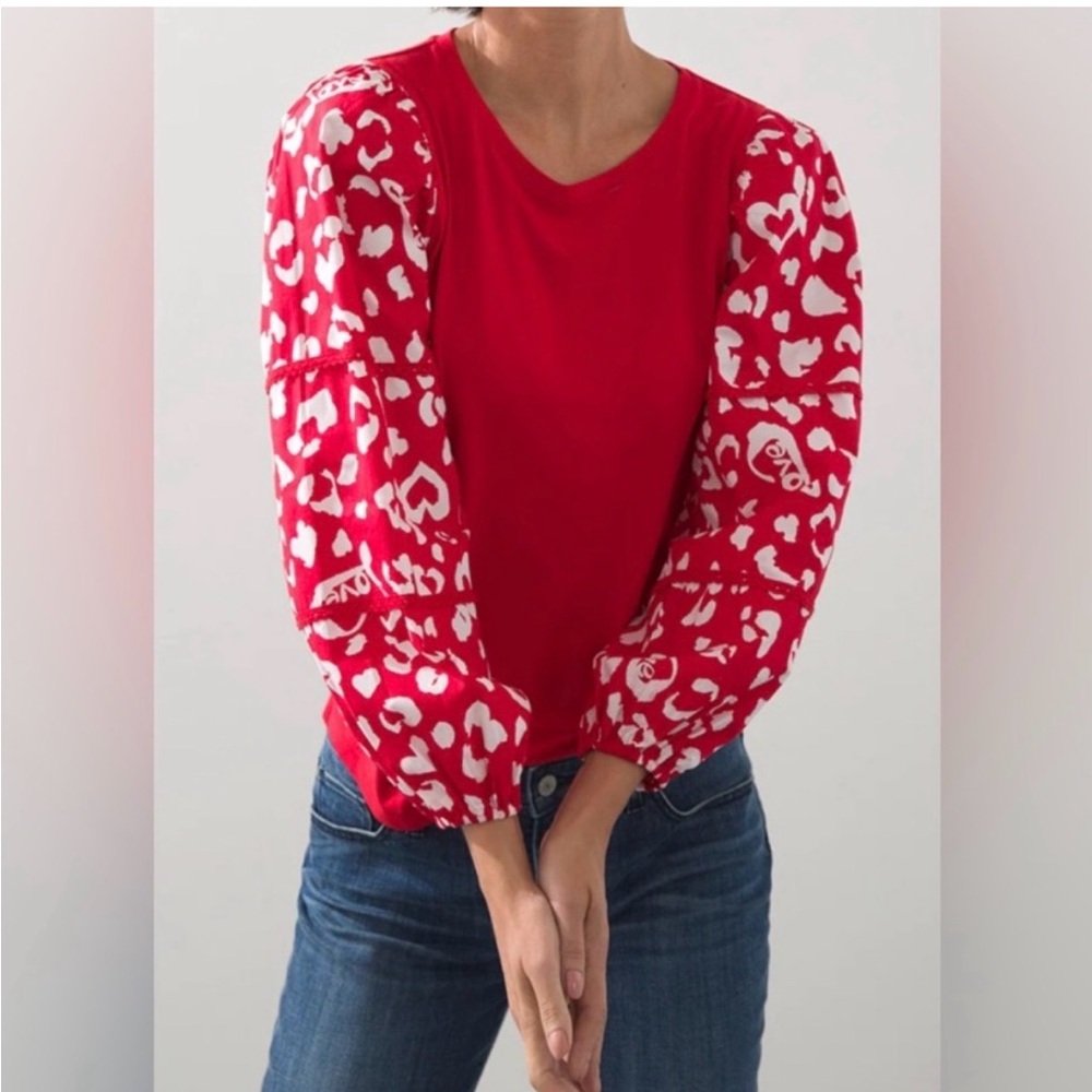 Chico's Womens Size 3(XL) Love Letter Red Animal Print Love Puff Sleeve Knit Top